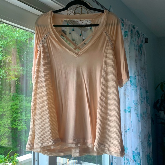 POL Studded Strappy Back V-Neck Waffle Mixed Knit Top - Shell Coral - Picture 2 of 6